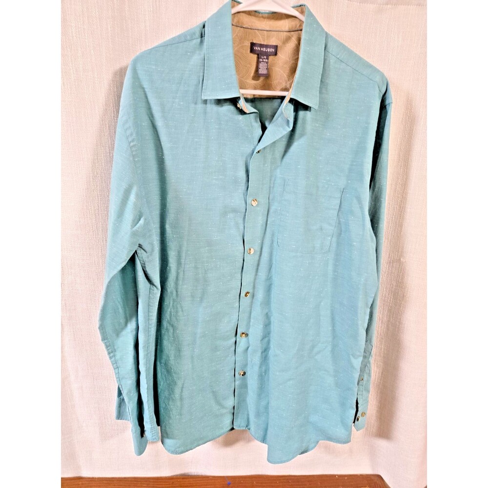 Van Heusen Button Down Shirt Large Mens Teal Green Long Sleeve
